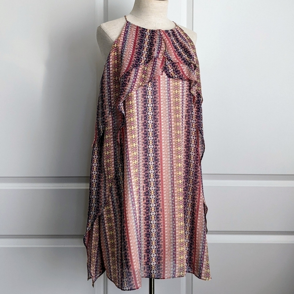 BCBGMaxAzria Dress Halter Neck Sleeveless Sheath Ruffled Navy Coral Pink M NWT